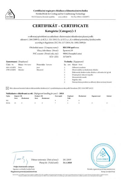 Certifikát o odbornej spôsobilosti na nakladanie s fluórovanými skleníkovými plynmi | Klimatizácie Bratislava