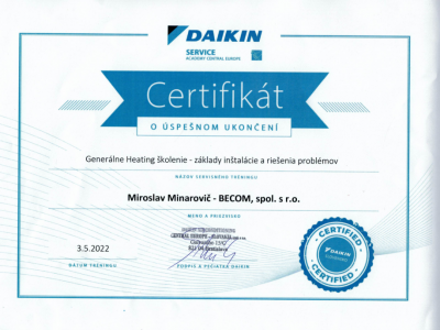 Certifikát DAIKIN - Generálne Heating školenie - základy inštalácie a riešenie problémov