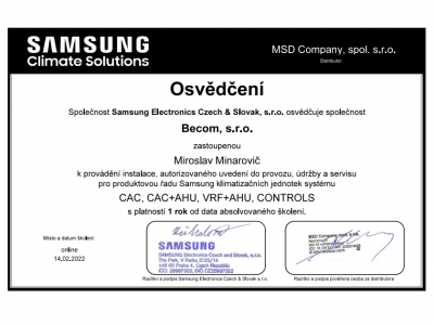 Osvedčenie Samsung -inštalácia, autorizované uvedenie do prevádzky, údržba a servis klimatizačných jednotiek Samsung