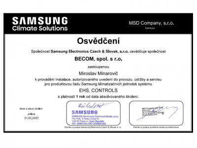 Osvedčenie Samsung -inštalácia, autorizované uvedenie do prevádzky, údržba a servis klimatizačných jednotiek Samsung systému EHS, CONTROLS