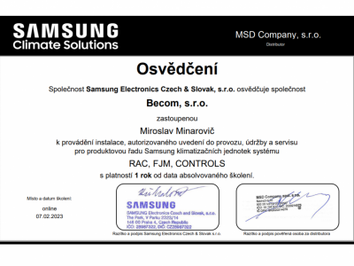 Osvedčenie Samsung -inštalácia, autorizované uvedenie do prevádzky, údržba a servis klimatizačných jednotiek Samsung systému RAC, FJM, CONTROLS
